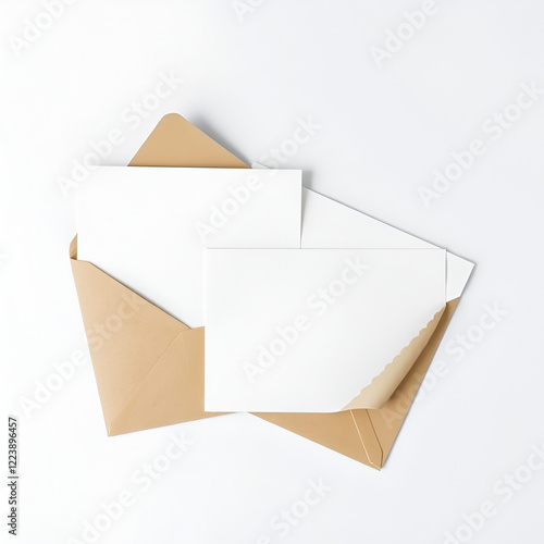 Two empty white notecards on brown kraft paper envelopes,  set of 2 greeting cards, postcards mockup for design presentation. photo