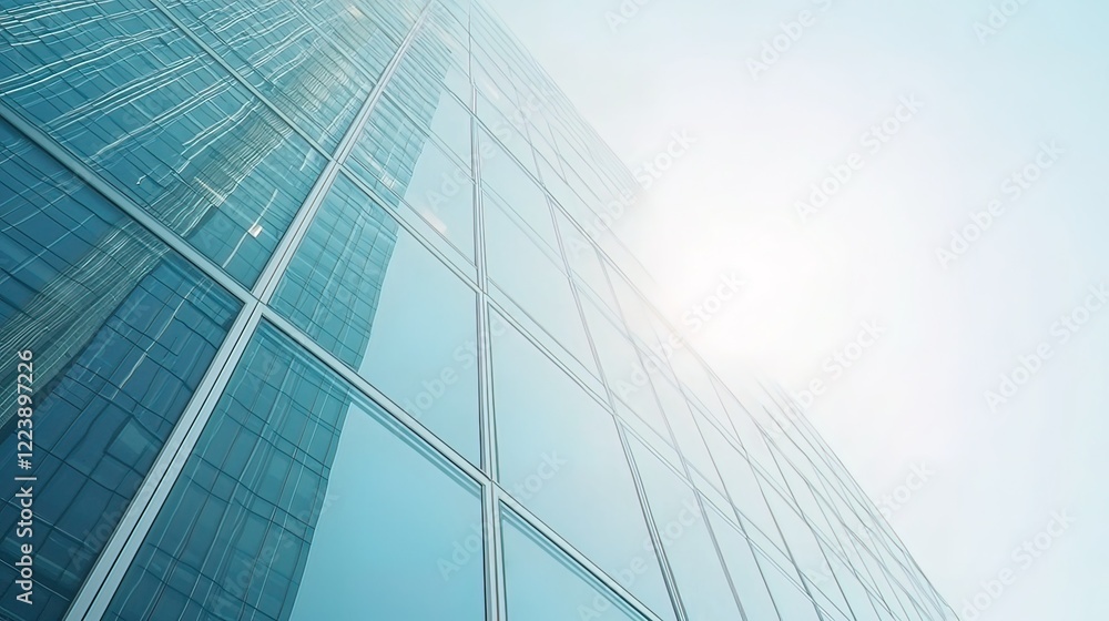 Low angle view of modern glass skyscraper reflecting sunlight. Low angle view of modern glass skyscraper reflecting sunlight.