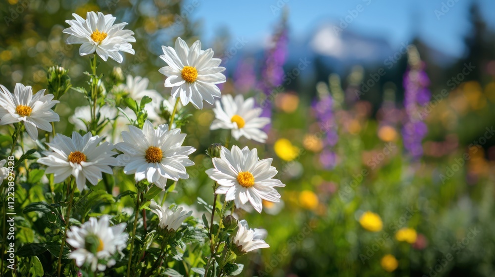 A scenic mountain view with wildflowers in the foreground and towering peaks behind