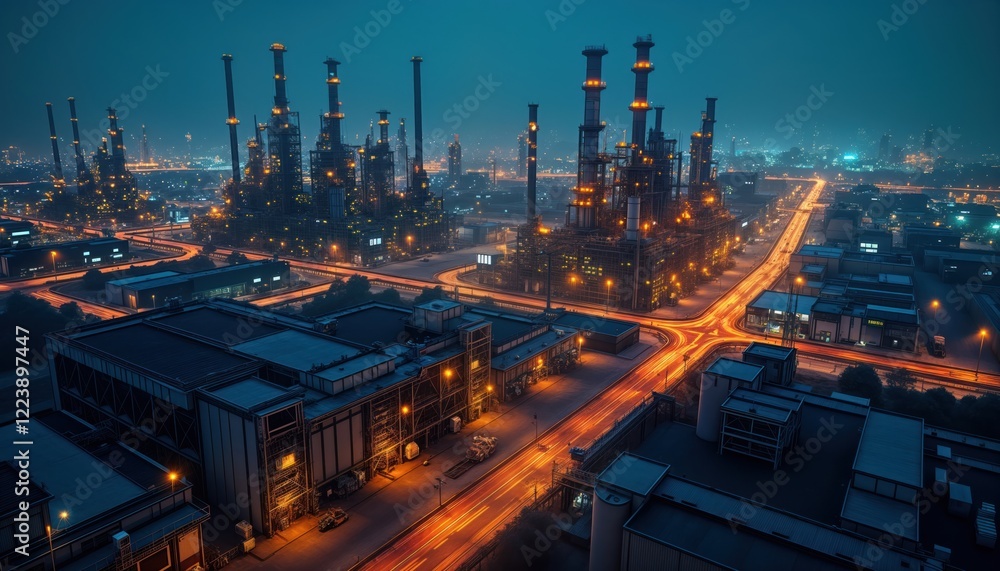 Obraz premium Industrial plant at night. Huge factory complex with many buildings. Bright lights illuminate area. Vehicles move on roads. Modern tech, automation present. Optimized production, maintenance.