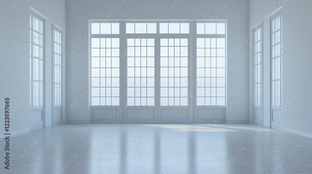 Obraz premium Bright, minimalist room with large windows. Ideal for showcasing products or creating serene backgrounds.
