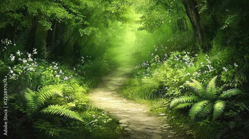 A peaceful path in a green forest, with ferns and wildflowers growing along the edges