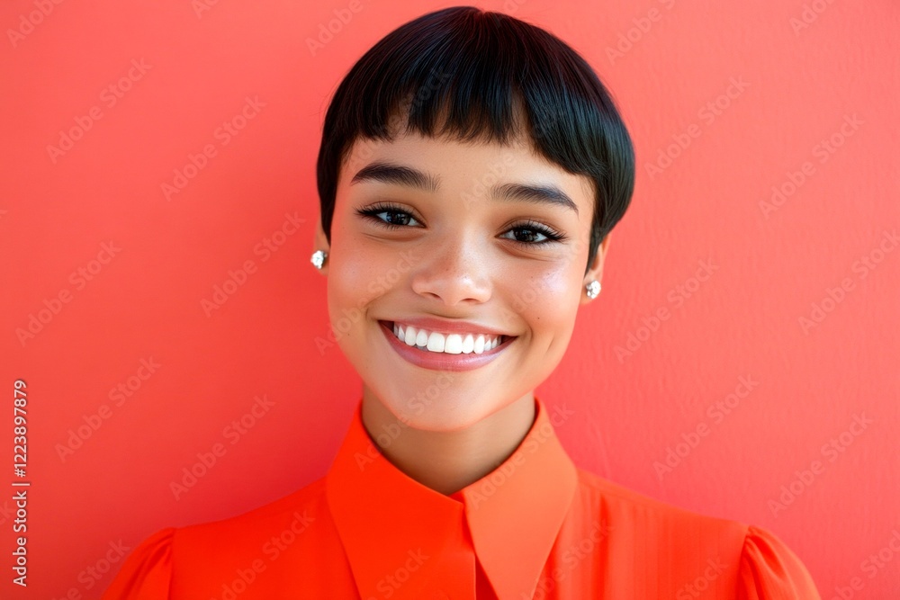 Commercial marketing idea. Pretty smiling mixed-race girl - for ads, brochure and digital marketing use. Short haircut - straight hair. Colored girl shoot. Black model portrait photo. Commercial marketing idea. Pretty smiling mixed-race girl - for ads, brochure and digital marketing use. Short haircut - straight hair. Colored girl shoot. Black model portrait photo.
