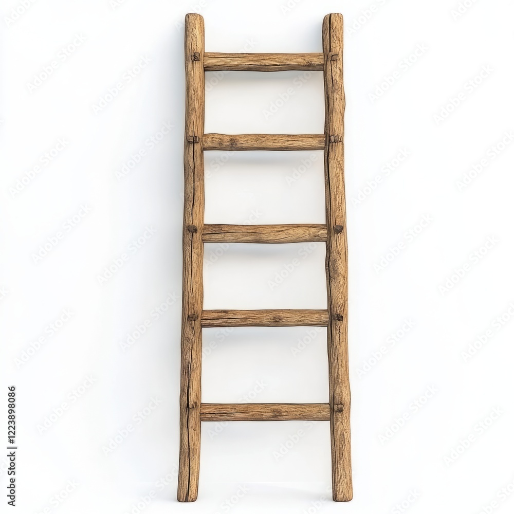 Rustic wooden ladder leaning against a white wall. Rustic wooden ladder leaning against a white wall.