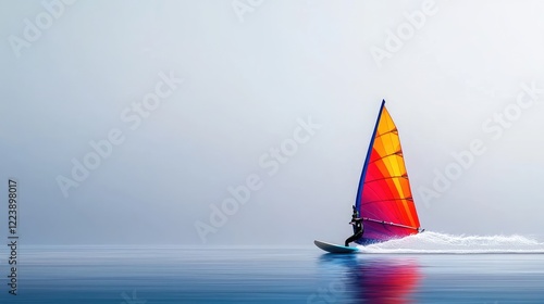 Windsurfer glides across calm lake, misty background; watersports, leisure activity photo