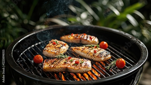 Obraz na płótnie A sizzling grill with fish fillets cooking over an open flame w salonie