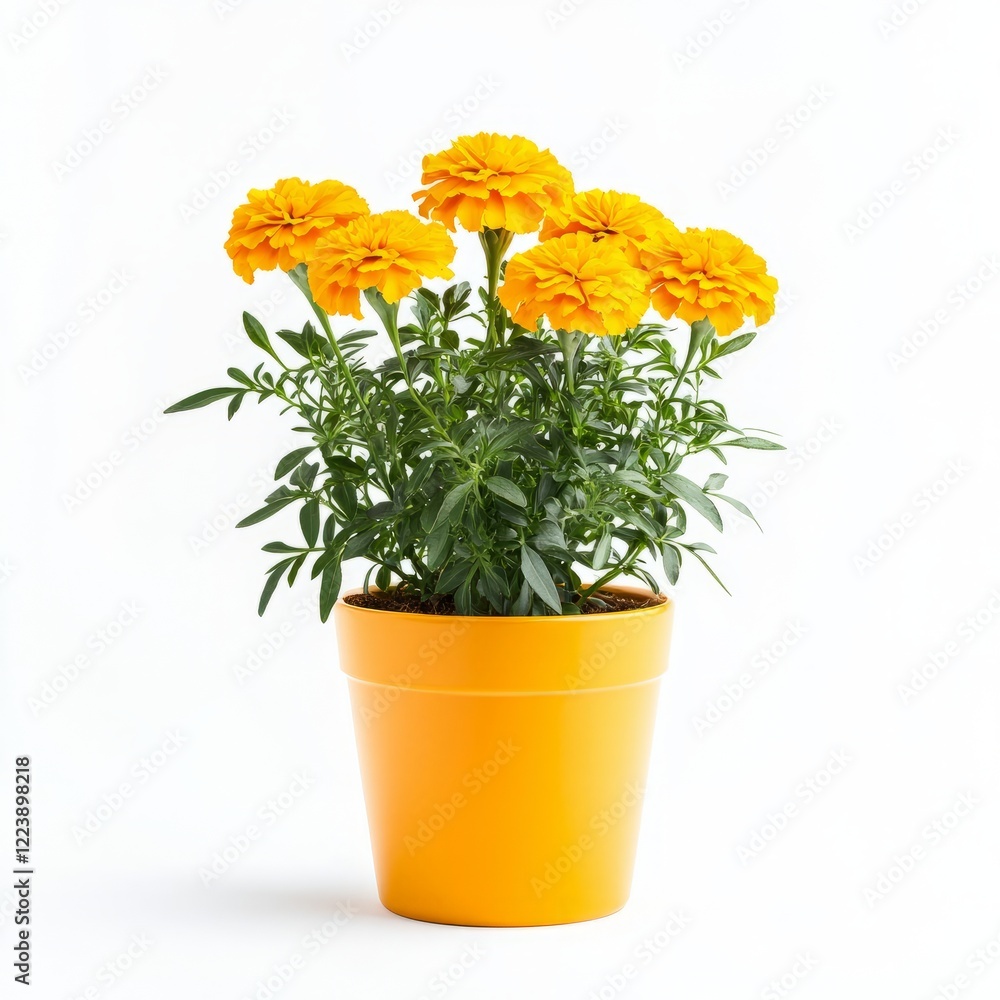 Vibrant orange marigolds in a cheerful pot. Vibrant orange marigolds in a cheerful pot.
