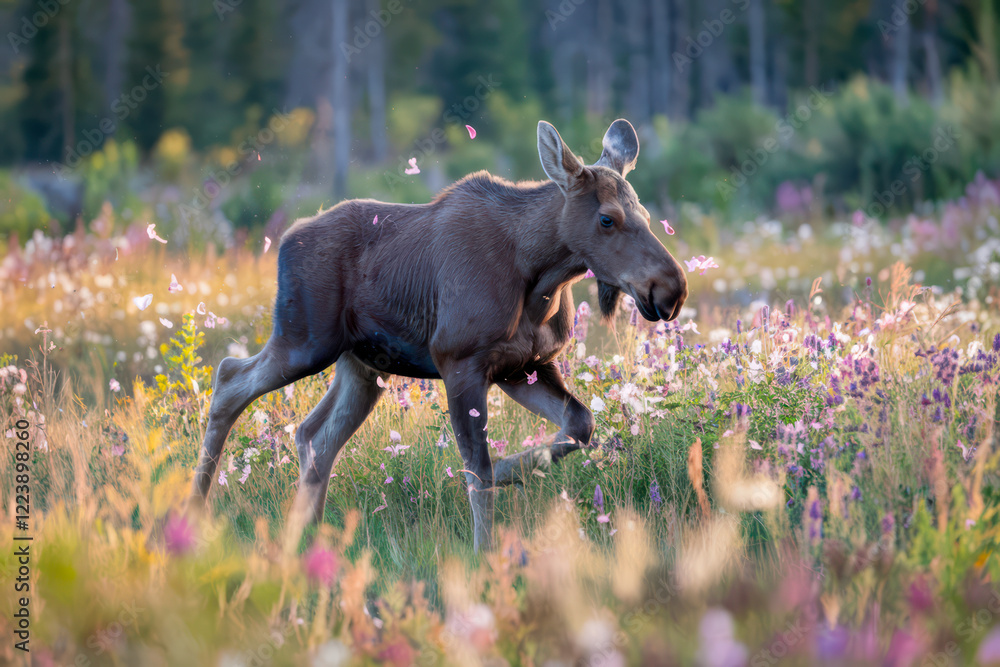 Young moose calf playfully runs through a field of wildflowers.