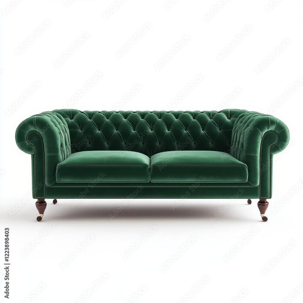 Fototapeta premium Elegant dark green velvet tufted sofa with wooden legs.