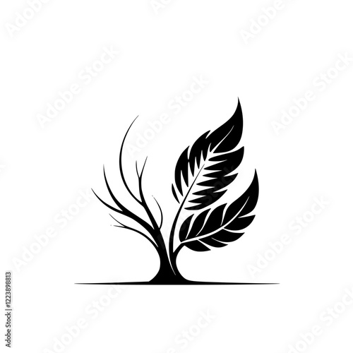 Elegant Black and White Plant Illustration: Minimalist Leaf and Tree Design. Perfect for nature-themed projects, adding a touch of sophistication and simplicity.