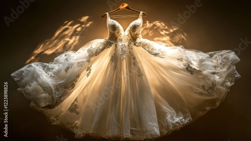 Obraz na płótnie A stunning wedding gown hanging on a hanger, with soft lighting highlighting its beauty.