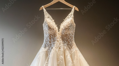 Obraz na płótnie A stunning wedding gown hanging on a hanger, with soft lighting highlighting its beauty.