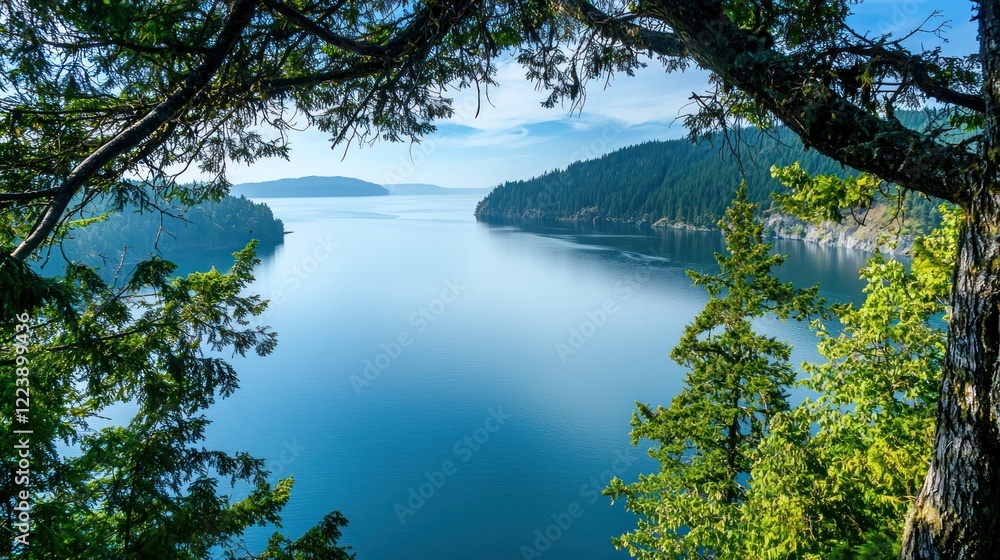 A tranquil lake view from a high vantage point, with trees framing the calm water