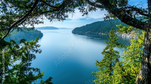 Obraz na płótnie A tranquil lake view from a high vantage point, with trees framing the calm water w salonie