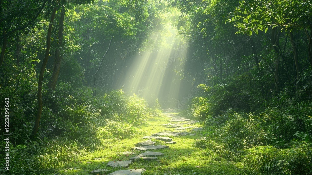 Obraz premium Sunbeams Illuminate A Stone Path Through Lush Green Forest