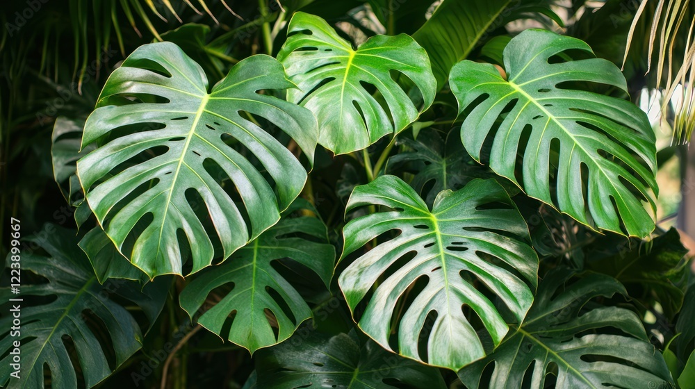 A tropical plant with large, glossy green leaves reaching toward the sunlight