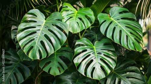 Obraz na płótnie A tropical plant with large, glossy green leaves reaching toward the sunlight w salonie