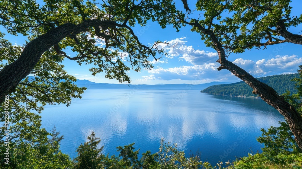 A tranquil lake view from a high vantage point, with trees framing the calm water