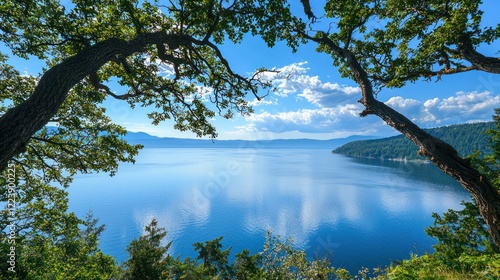 Obraz na płótnie A tranquil lake view from a high vantage point, with trees framing the calm water w salonie