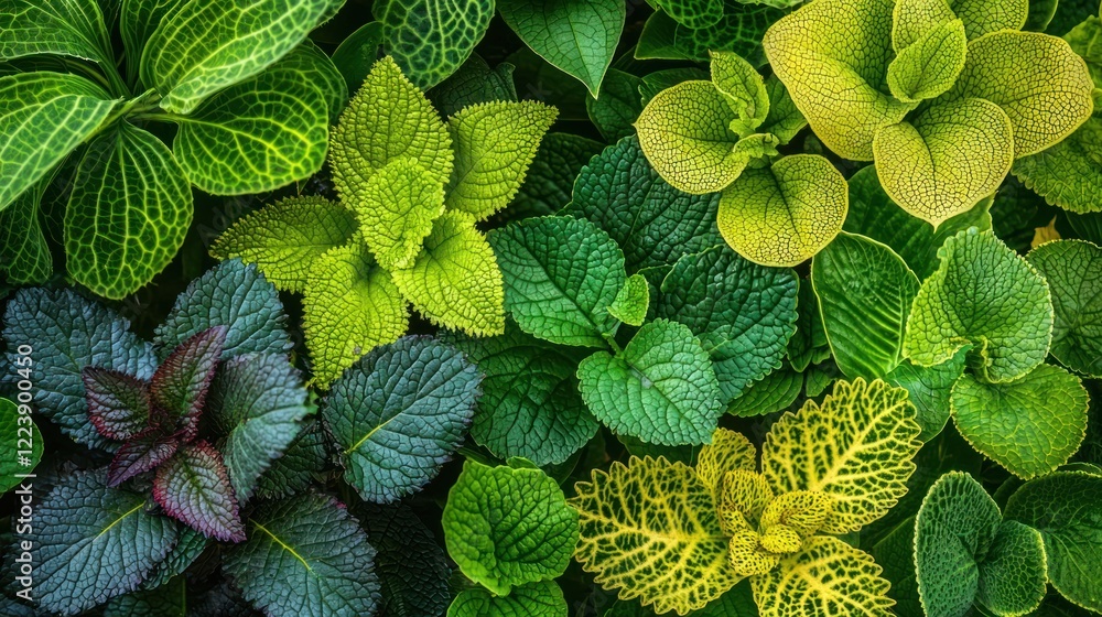 A vibrant arrangement of lush green plant leaves with varying shapes and textures