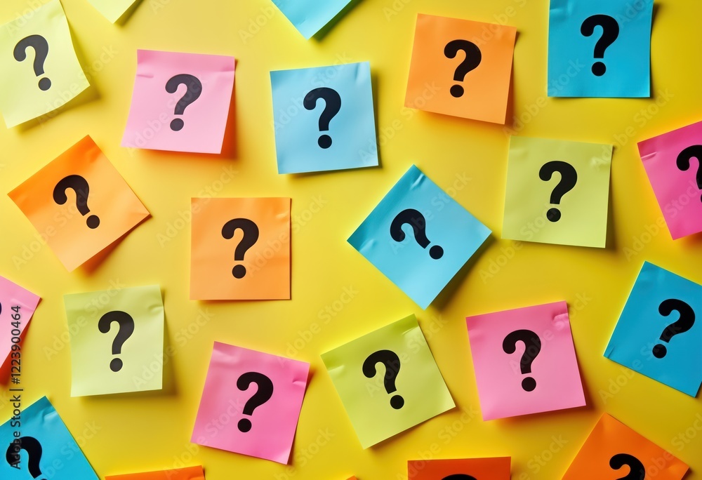 Colorful sticky notes with question marks on bright yellow background. Many colorful notes scattered on surface. Notes symbolize ideas, questions. Vibrant colors, questions suggest brainstorming Colorful sticky notes with question marks on bright yellow background. Many colorful notes scattered on surface. Notes symbolize ideas, questions. Vibrant colors, questions suggest brainstorming