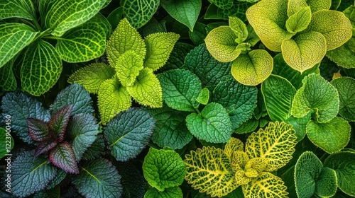 Obraz na płótnie A vibrant arrangement of lush green plant leaves with varying shapes and textures w salonie