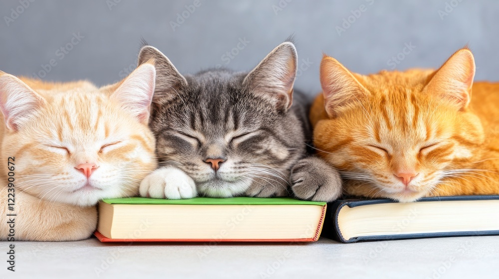 Three Content Cats Napping on Colorful Books with Soft Expressions Three Content Cats Napping on Colorful Books with Soft Expressions