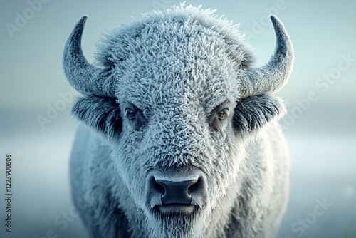 White buffalo with its horns raised and looking at the camera