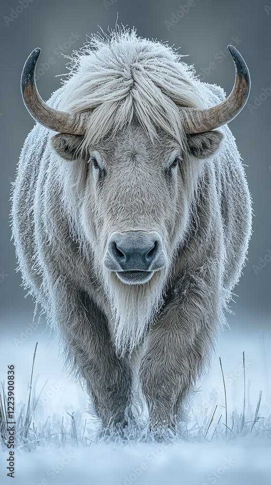 White buffalo with a long mane and horns White buffalo with a long mane and horns