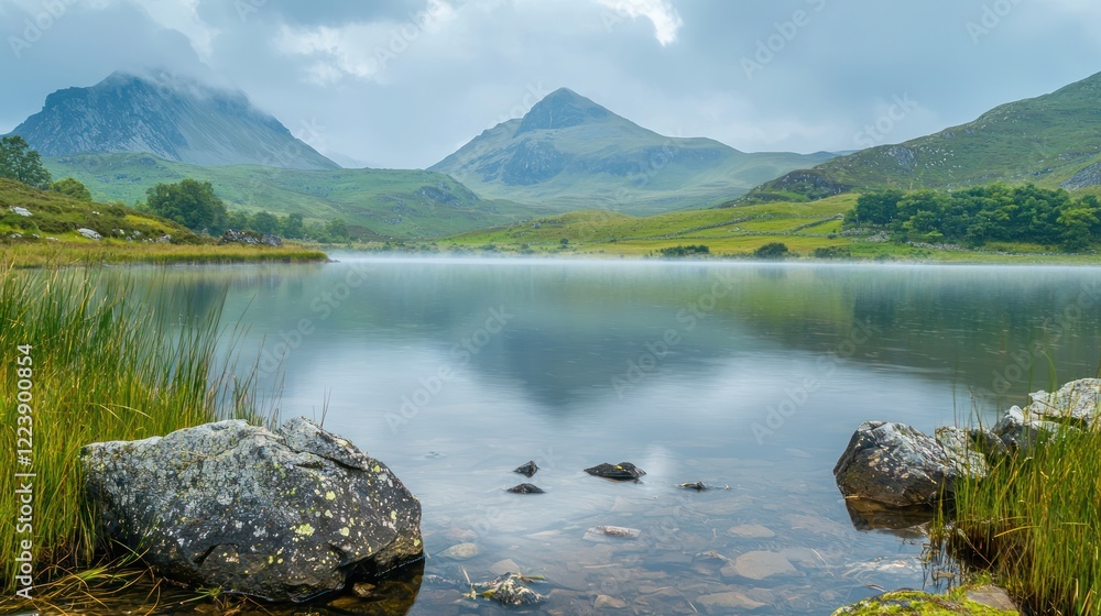 A wide-angle shot of a serene lake with mist rising off the surface and distant hills