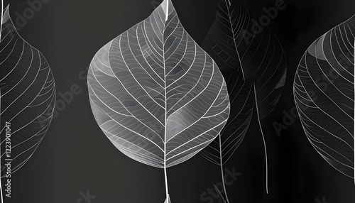A minimalist design featuring delicate, translucent leaves against a dark background.