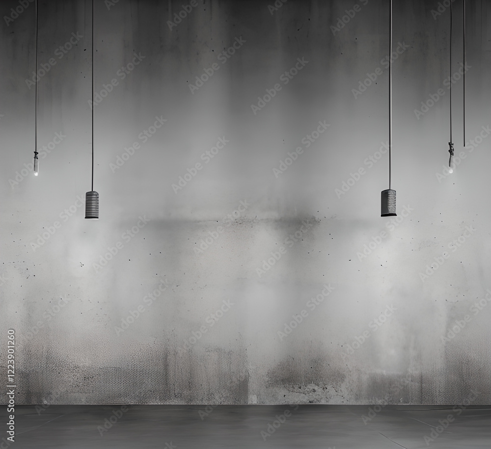Empty room interiors with gray wall Studio Concrete background and floor Cement shelf, well edit mounting displays and text present.generative ai