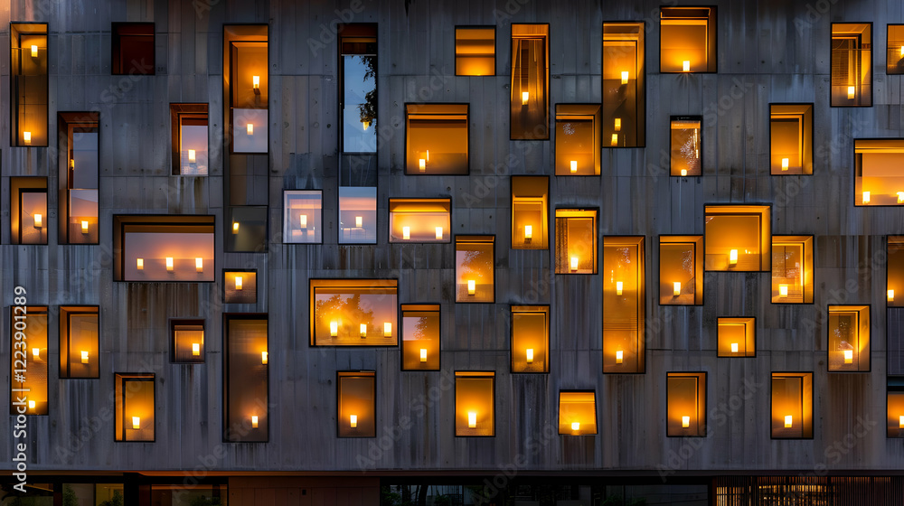 A modern building facade with illuminated windows creating a warm ambiance. A modern building facade with illuminated windows creating a warm ambiance.
