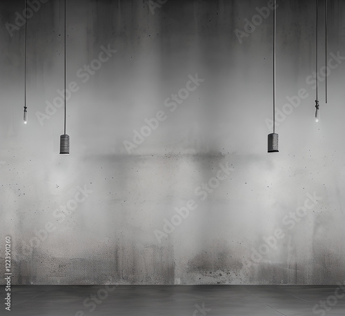 Empty room interiors with gray wall Studio Concrete background and floor Cement shelf, well edit mounting displays and text present.generative ai