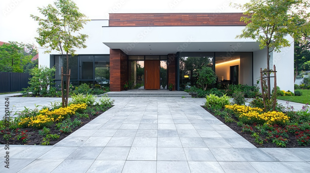 Modern house exterior, entrance, landscaping, evening light, residential architecture, real estate