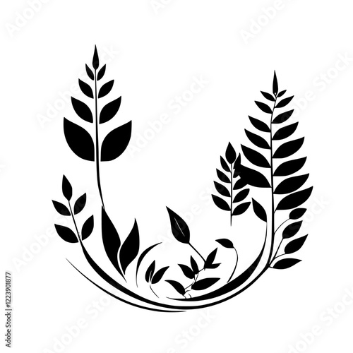 Elegant Floral Silhouette: Black and White Botanical Illustration. Perfect for nature-themed designs, adding a touch of sophistication and serenity.