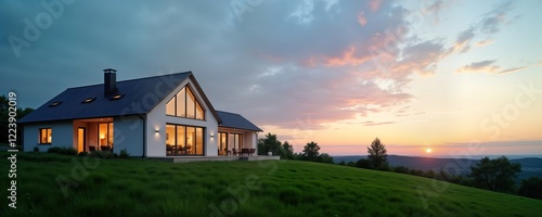 Evening rural scene. Beautiful sunset over green meadow. Modern house in background with lights on. Scenic countryside landscape. Natural view of residential home with outdoor area. Tranquil evening