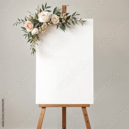 Mockup of a white canvas on an easel as a welcome sign at a wedding all monochrome colors, white and beige flowers