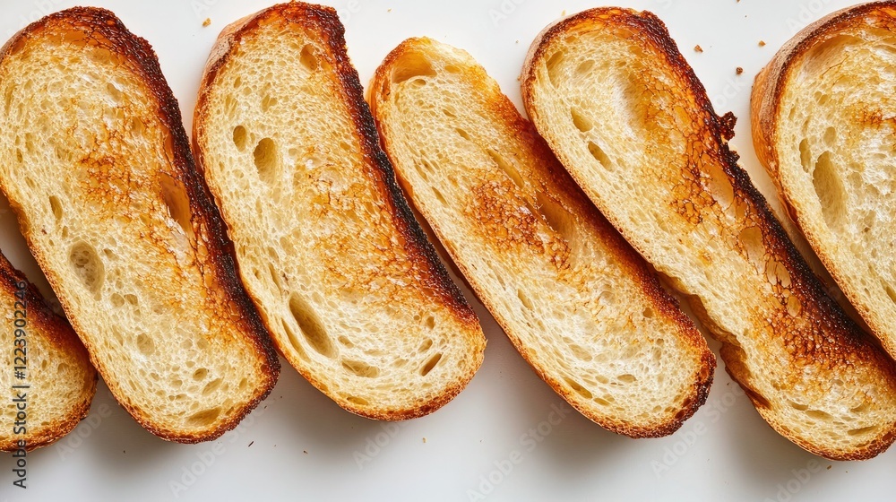 Close-up of toast bread slices in a staggered arrangement, showcasing their crispy texture on a white background Close-up of toast bread slices in a staggered arrangement, showcasing their crispy texture on a white background