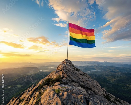 A pride flag being proudly displayed on a mountaintop. photo