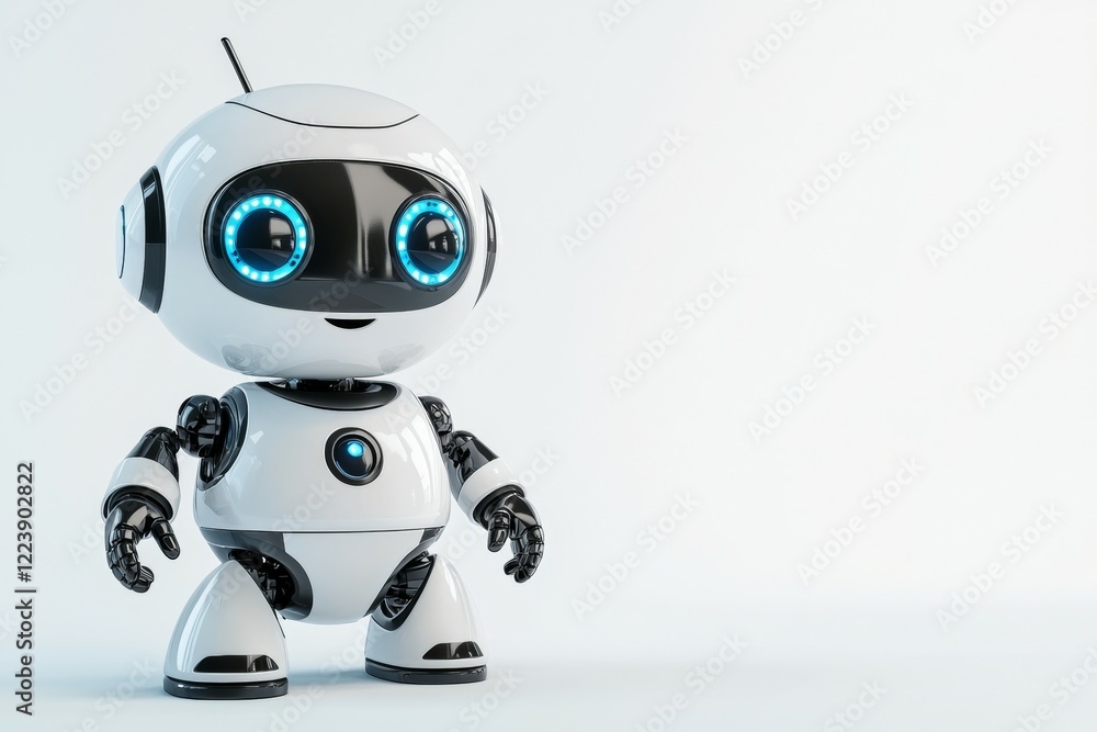 Robot with blue eyes stands in front of a white background, mini AI concept Robot with blue eyes stands in front of a white background, mini AI concept