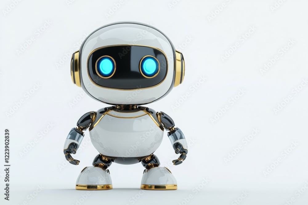 Robot with blue eyes stands on a white background, mini AI concept Robot with blue eyes stands on a white background, mini AI concept