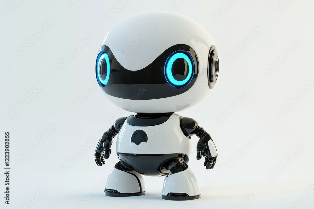 Robot with blue eyes stands on a white background, mini AI concept Robot with blue eyes stands on a white background, mini AI concept