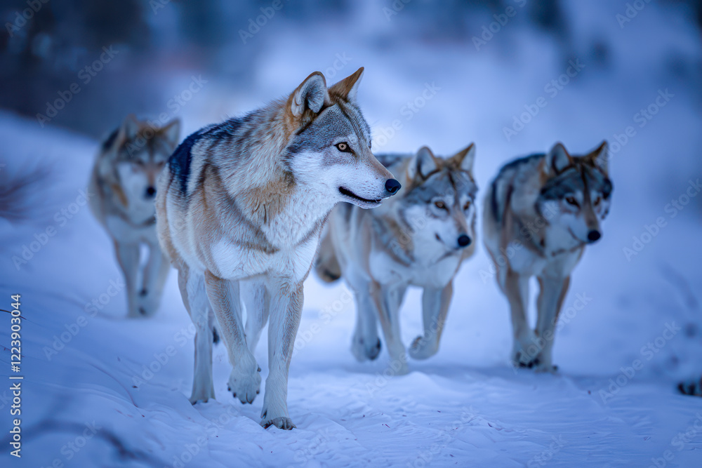 Wolf pack traversing a snowy landscape at dusk. Wolf pack traversing a snowy landscape at dusk.