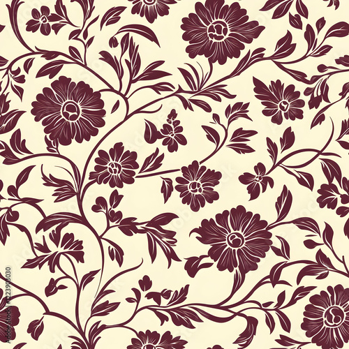 Wallpaper Mural A floral pattern featuring maroon flowers and leaves on a cream background. Torontodigital.ca