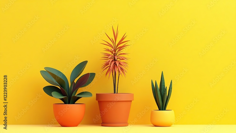Fototapeta premium Three potted plants against a yellow wall