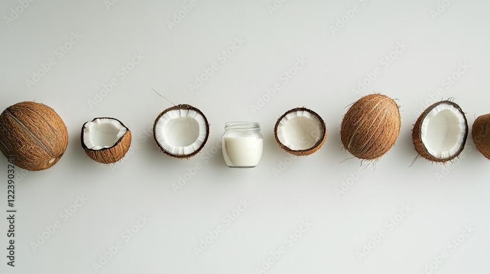 Fototapeta premium Collection of coconuts in various stages, from whole fruit to milk in a jar, on a clean white surface