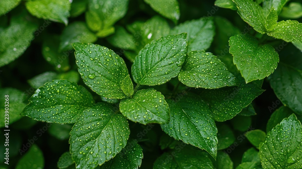 Close-up of fresh green plant leaves with droplets of water glistening on the surface