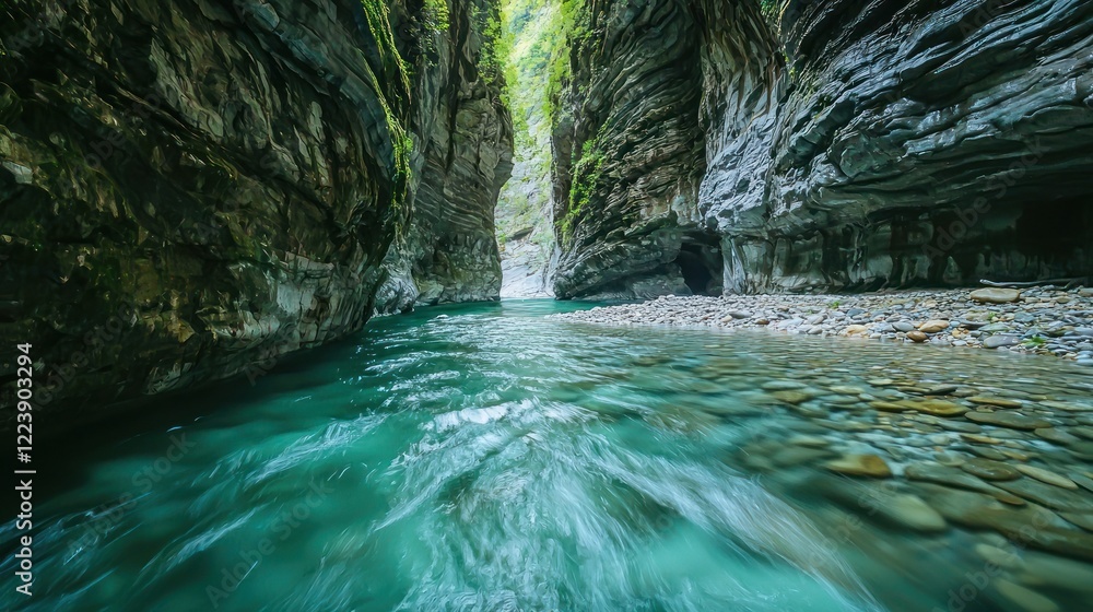 Clear water flowing through a narrow gully surrounded by rocks and vegetation