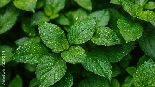 Obraz na płótnie Close-up of fresh green plant leaves with droplets of water glistening on the surface w salonie